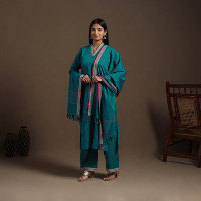 Green Mercerised Cotton Jacquard Kurta Set (Set of 3)