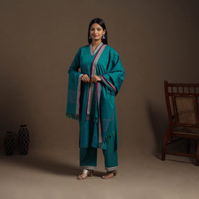 Green Mercerised Cotton Jacquard Kurta Set (Set of 3)