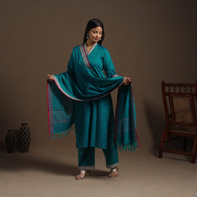 Green Mercerised Cotton Jacquard Kurta Set (Set of 3)