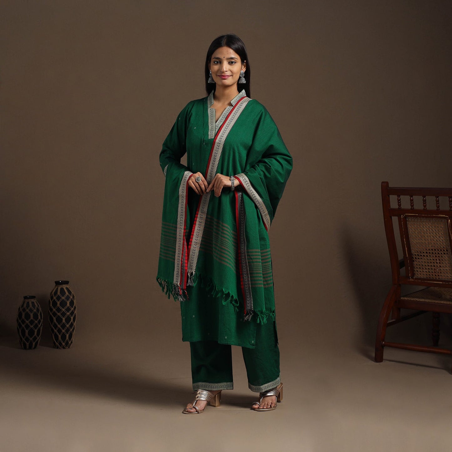 Green Mercerised Cotton Jacquard Kurta Set (Set of 3)