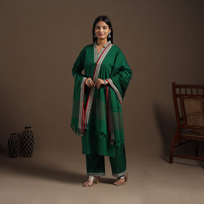 Green Mercerised Cotton Jacquard Kurta Set (Set of 3)