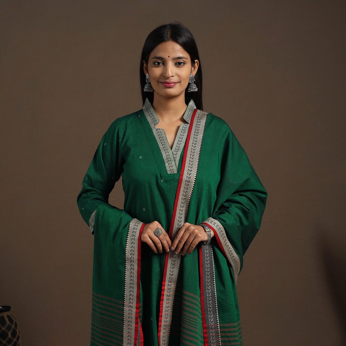 Green Mercerised Cotton Jacquard Kurta Set (Set of 3)