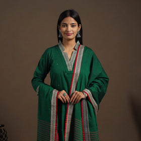 Green Mercerised Cotton Jacquard Kurta Set (Set of 3)