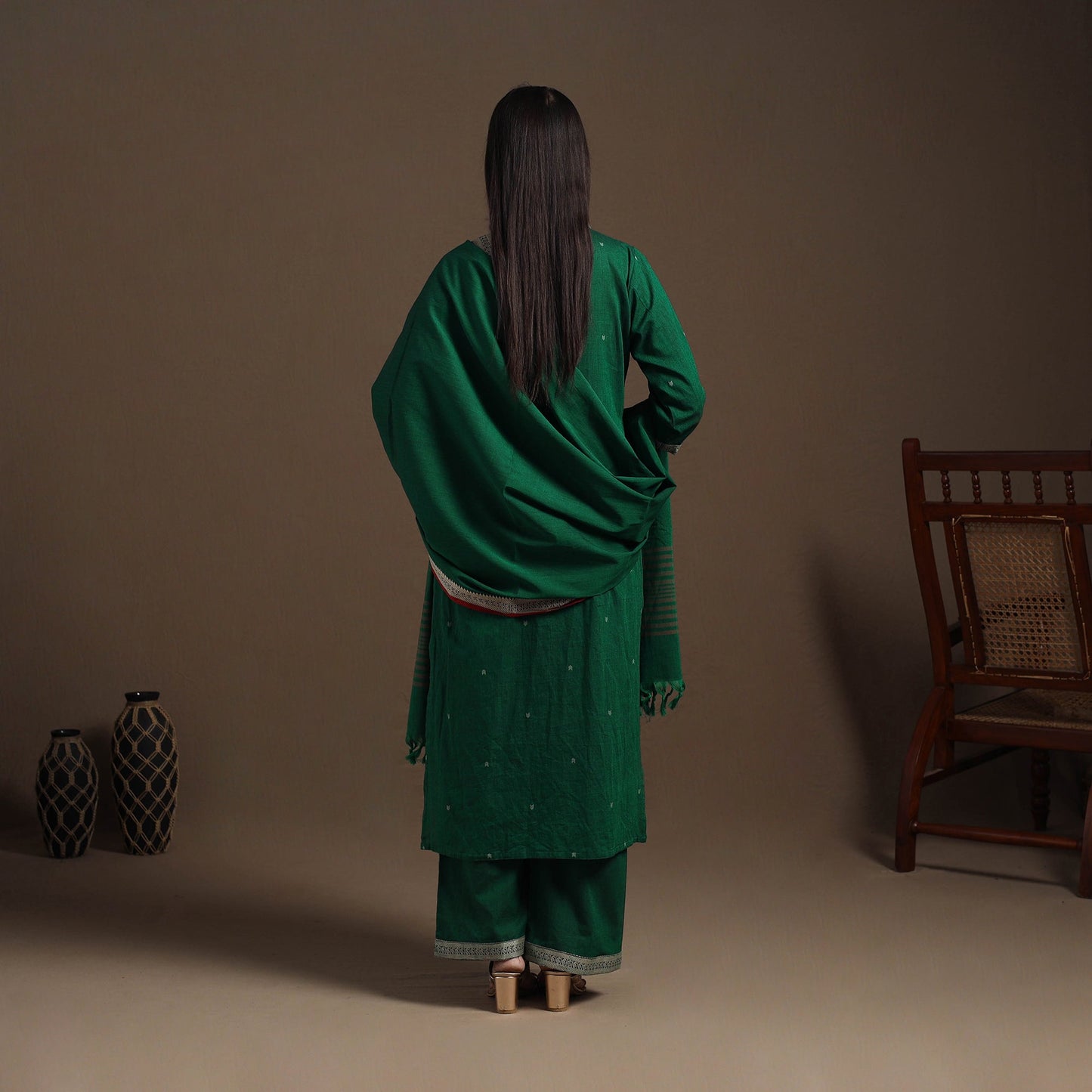 Green Mercerised Cotton Jacquard Kurta Set (Set of 3)