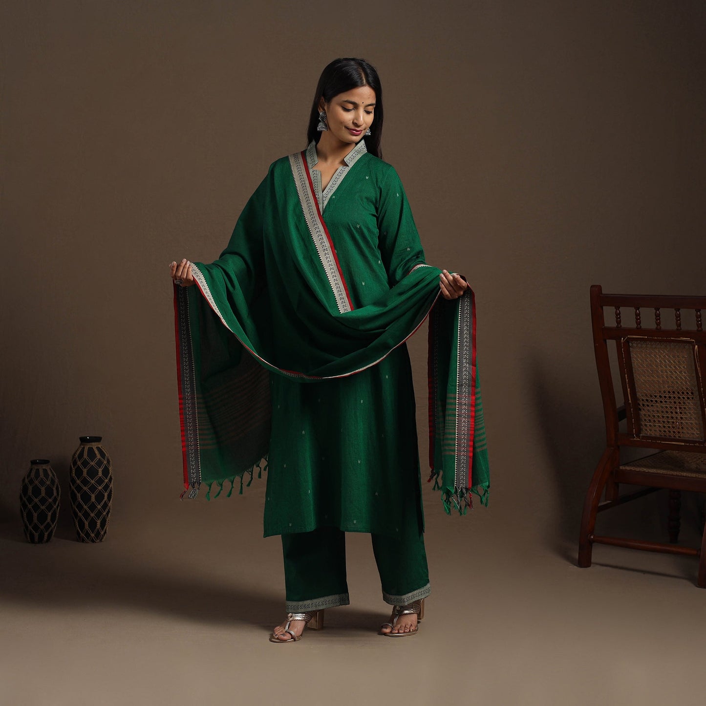 Green Mercerised Cotton Jacquard Kurta Set (Set of 3)