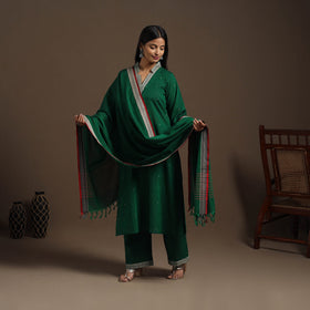 Green Mercerised Cotton Jacquard Kurta Set (Set of 3)