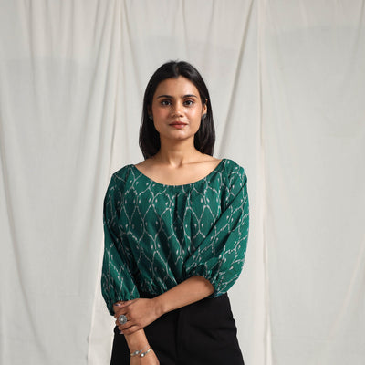 Buy Green Mercerised Cotton Pochampally Ikat Crop Top