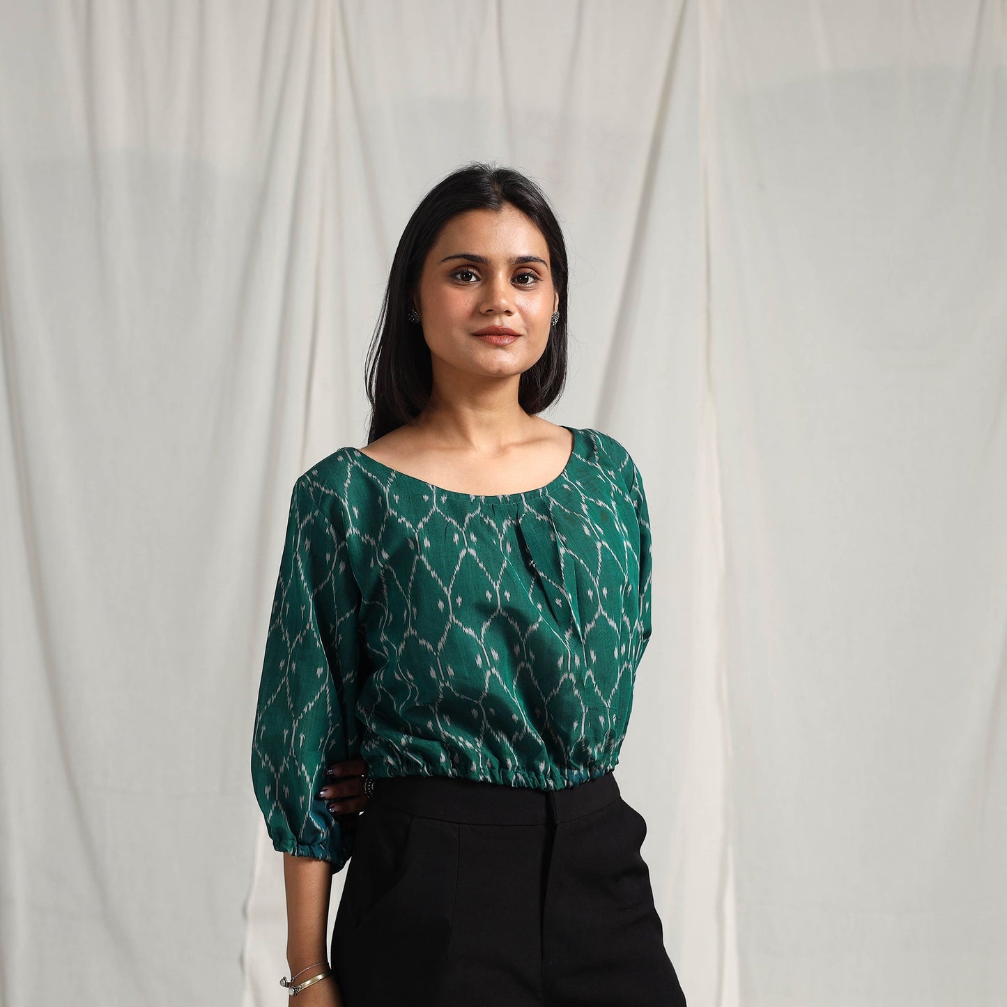 Buy Green Mercerised Cotton Pochampally Ikat Crop Top