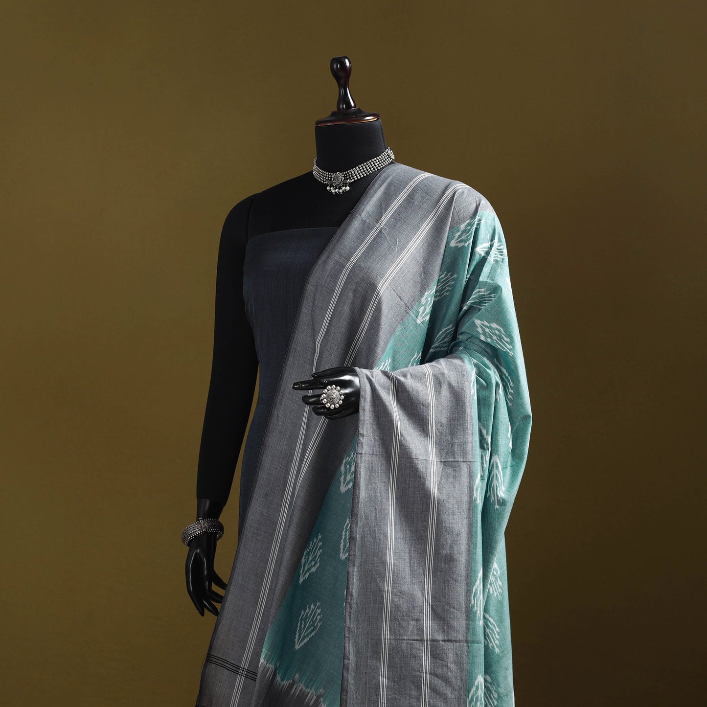 Green - mercerised cotton pochampally ikat dupatta 16