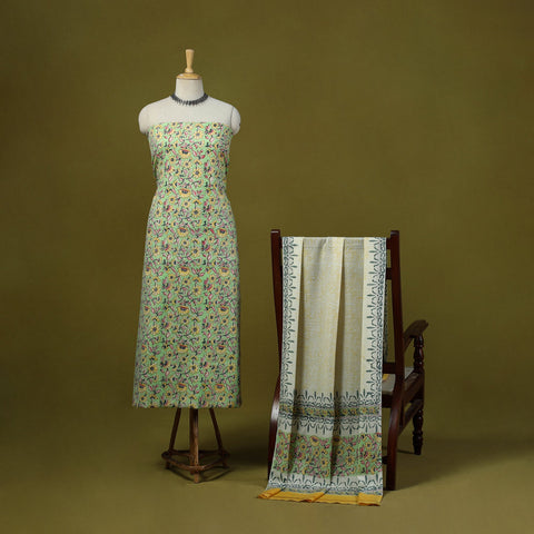 Green - merino wool sanganeri 3pc unstitched dress material