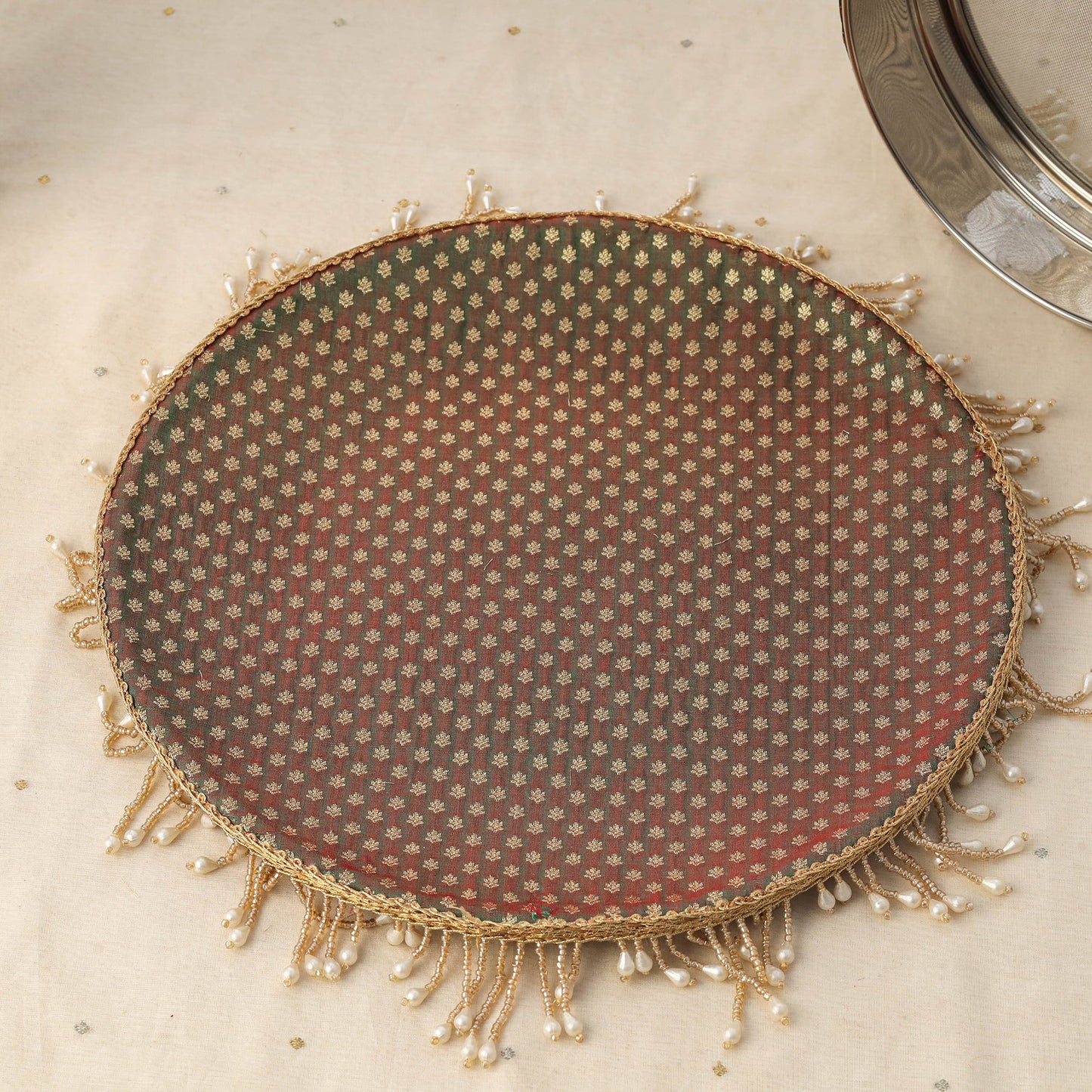 Green mirror beads karwa chauth thali set 02 - handcrafted