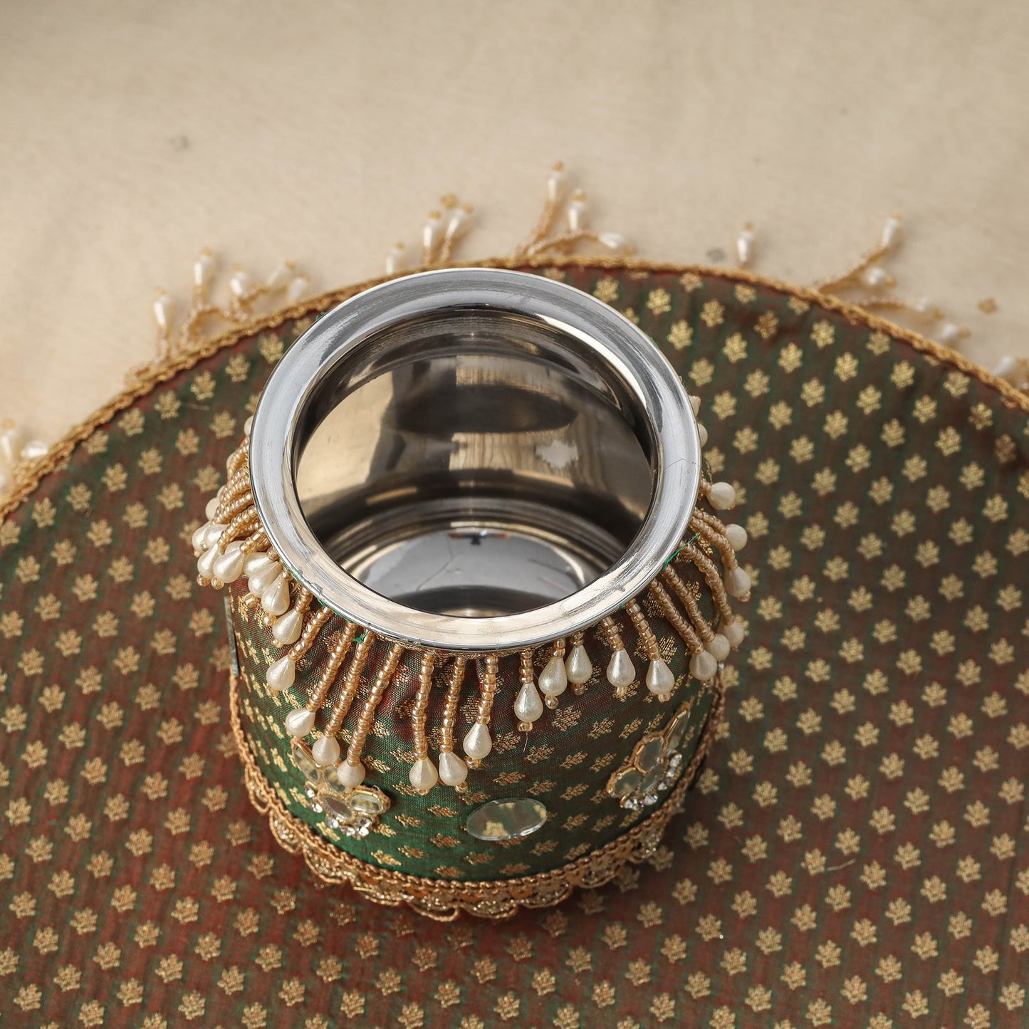 Green mirror beads karwa chauth thali set 02 - handcrafted