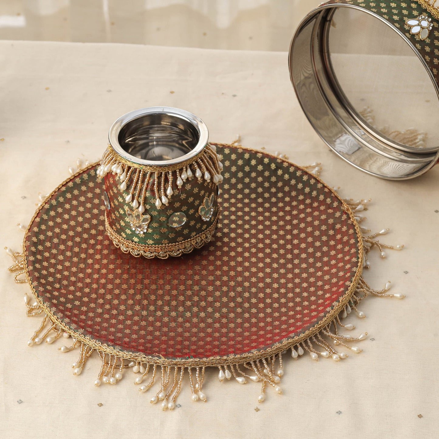 Green mirror beads karwa chauth thali set 02 - handcrafted