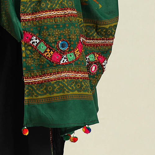  Green Mirror Work Printed Cotton Kutch Embroidery Dupatta