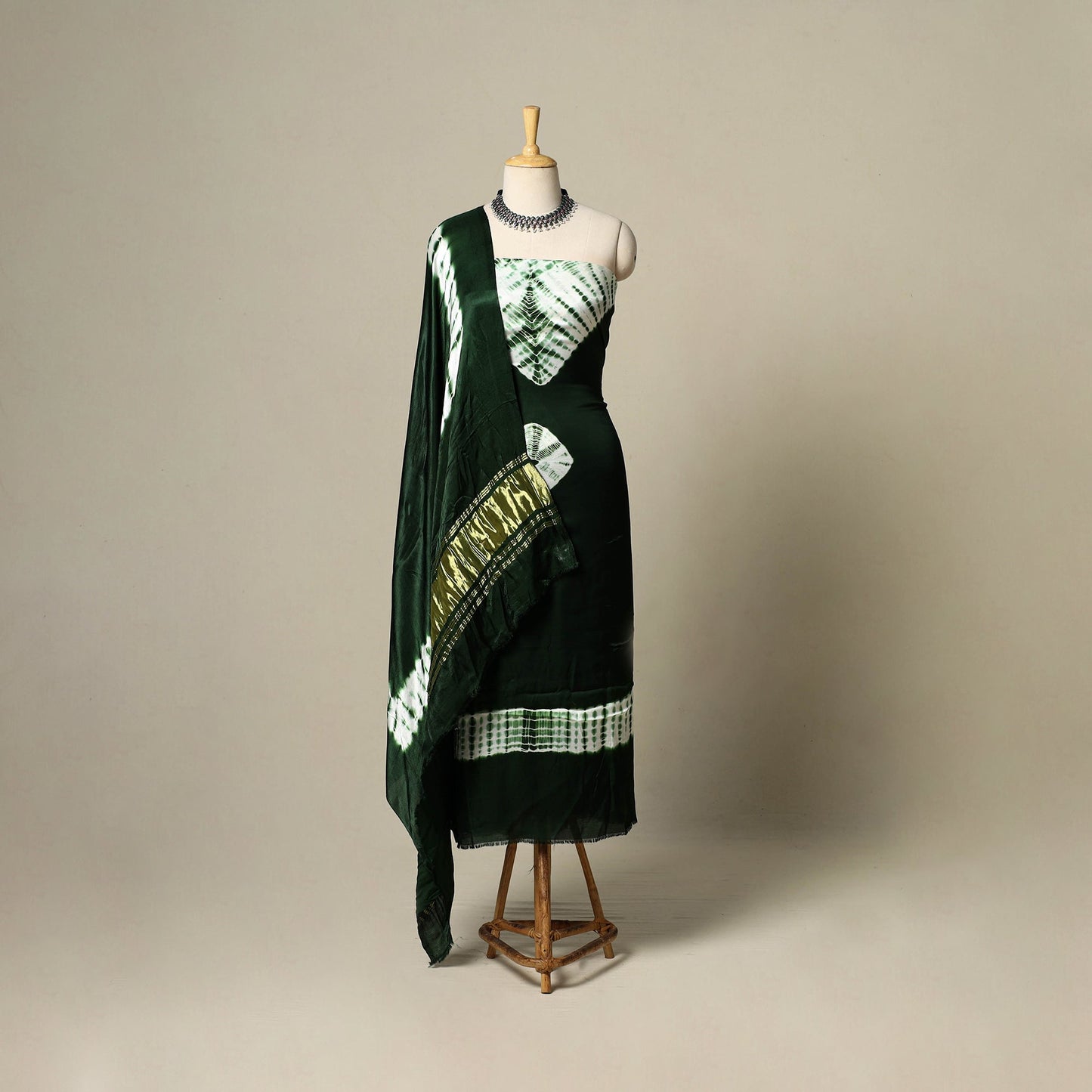 Green - modal silk 3pc unstitched shibori dress material 21