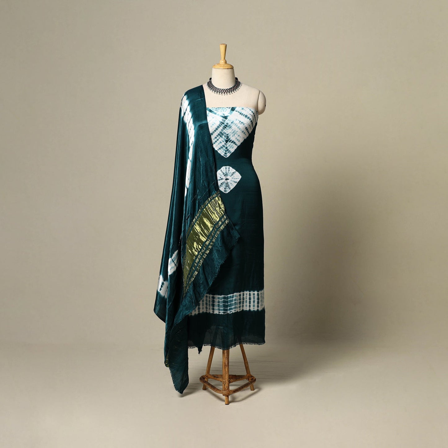Green - modal silk 3pc unstitched shibori dress material 23
