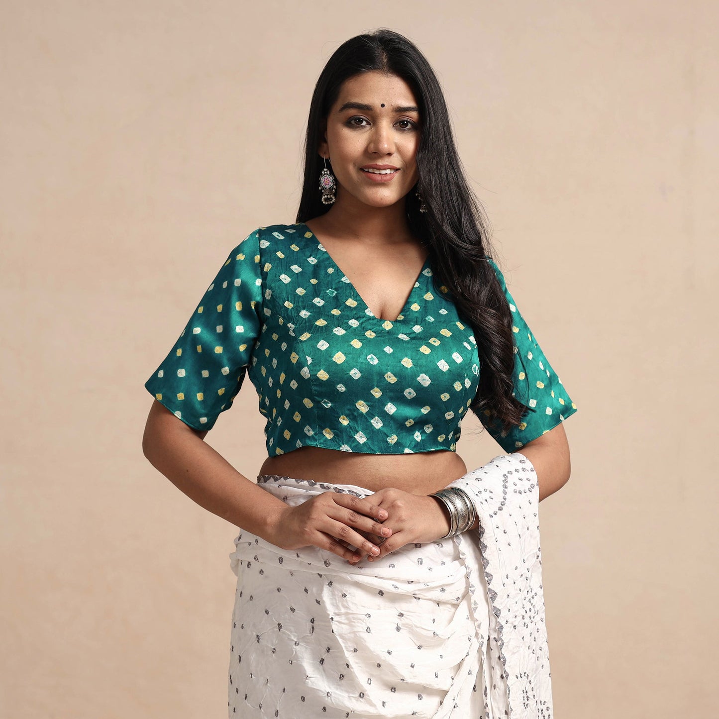 Buy Modal Silk Bandhani Tie Dye Stitched Blouse Online at iTokri.com