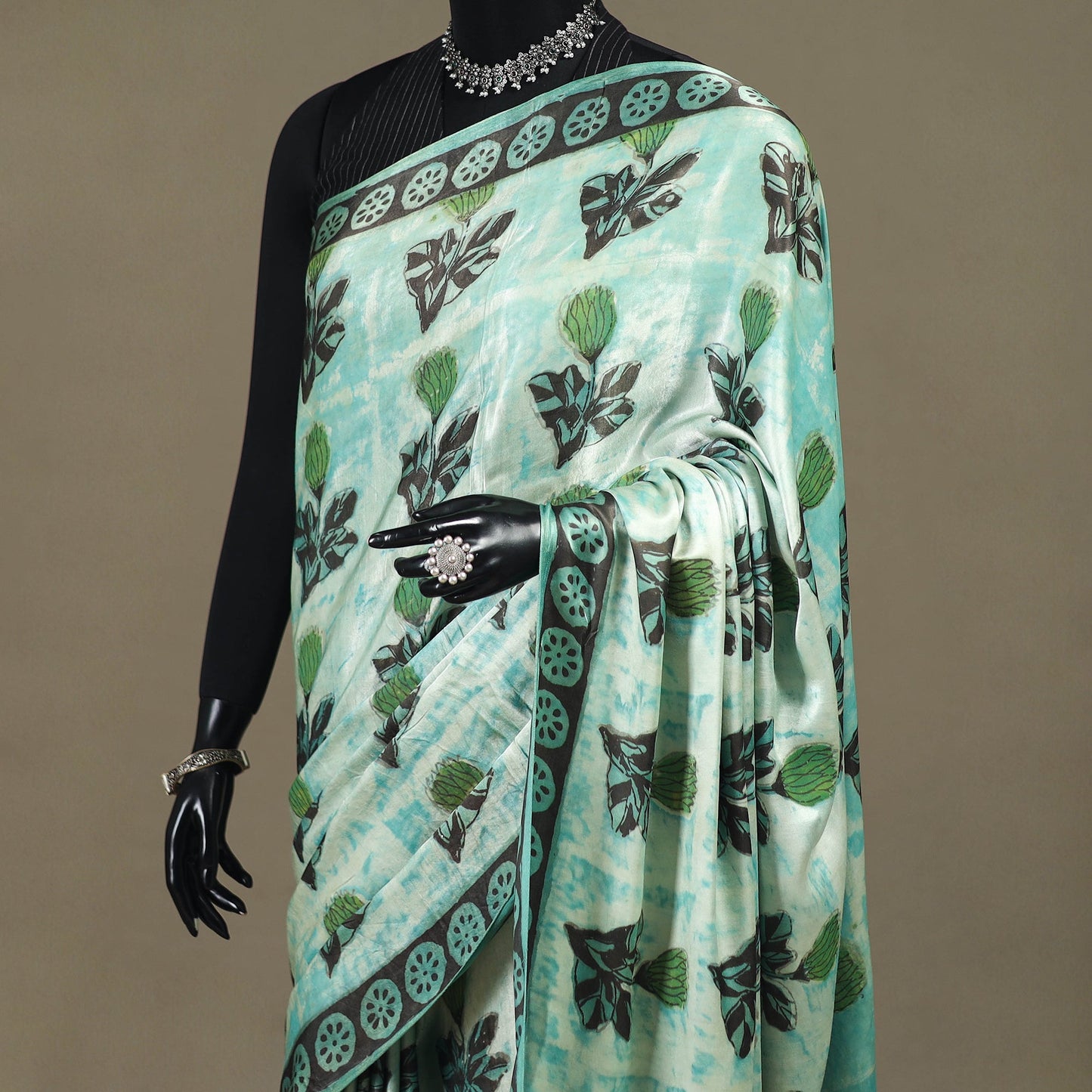 Green - modal silk hand bagru saree 10 - handcrafted