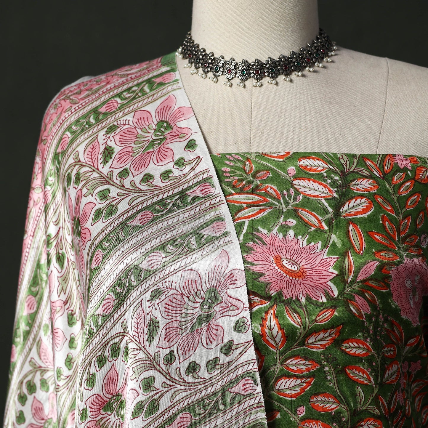 Modal silk hand block sanganeri print 2pc unstitched dress