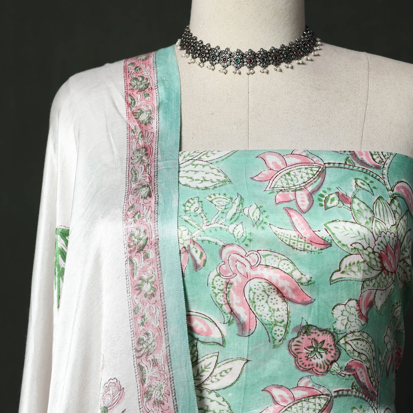 Modal silk hand block sanganeri print 2pc unstitched dress