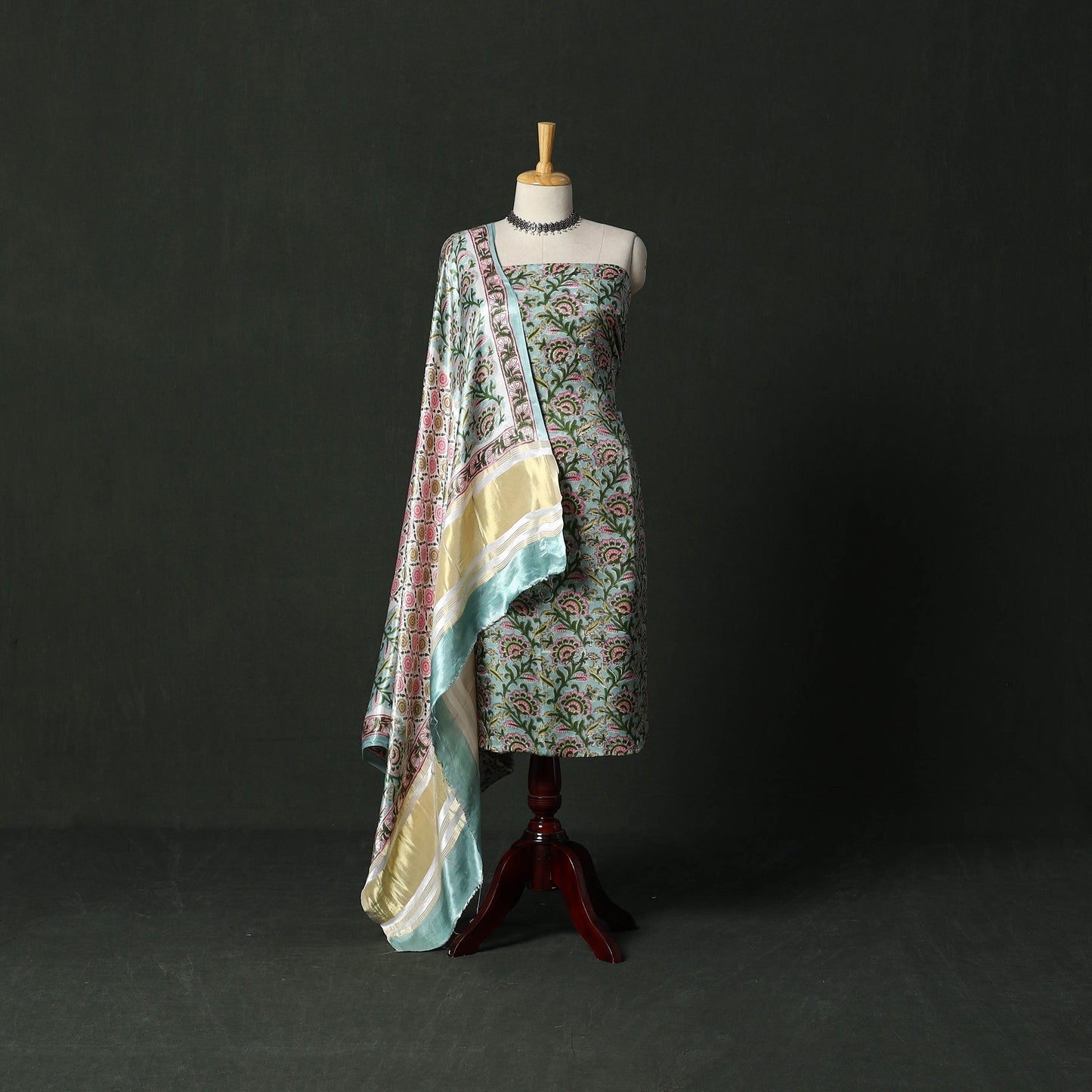 Modal silk hand block sanganeri print 2pc unstitched dress