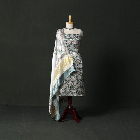 Modal silk hand block sanganeri print 2pc unstitched dress