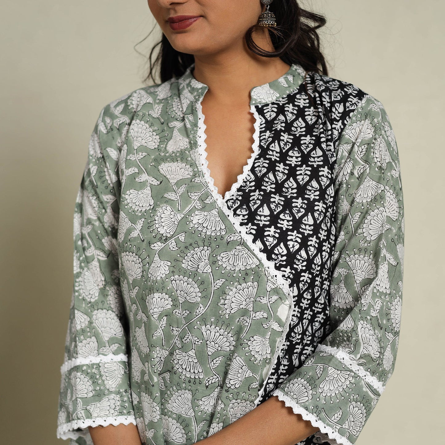 Mosaic Fusion Cotton A-Line Lace Work Green Sanganeri Kurta for Women
