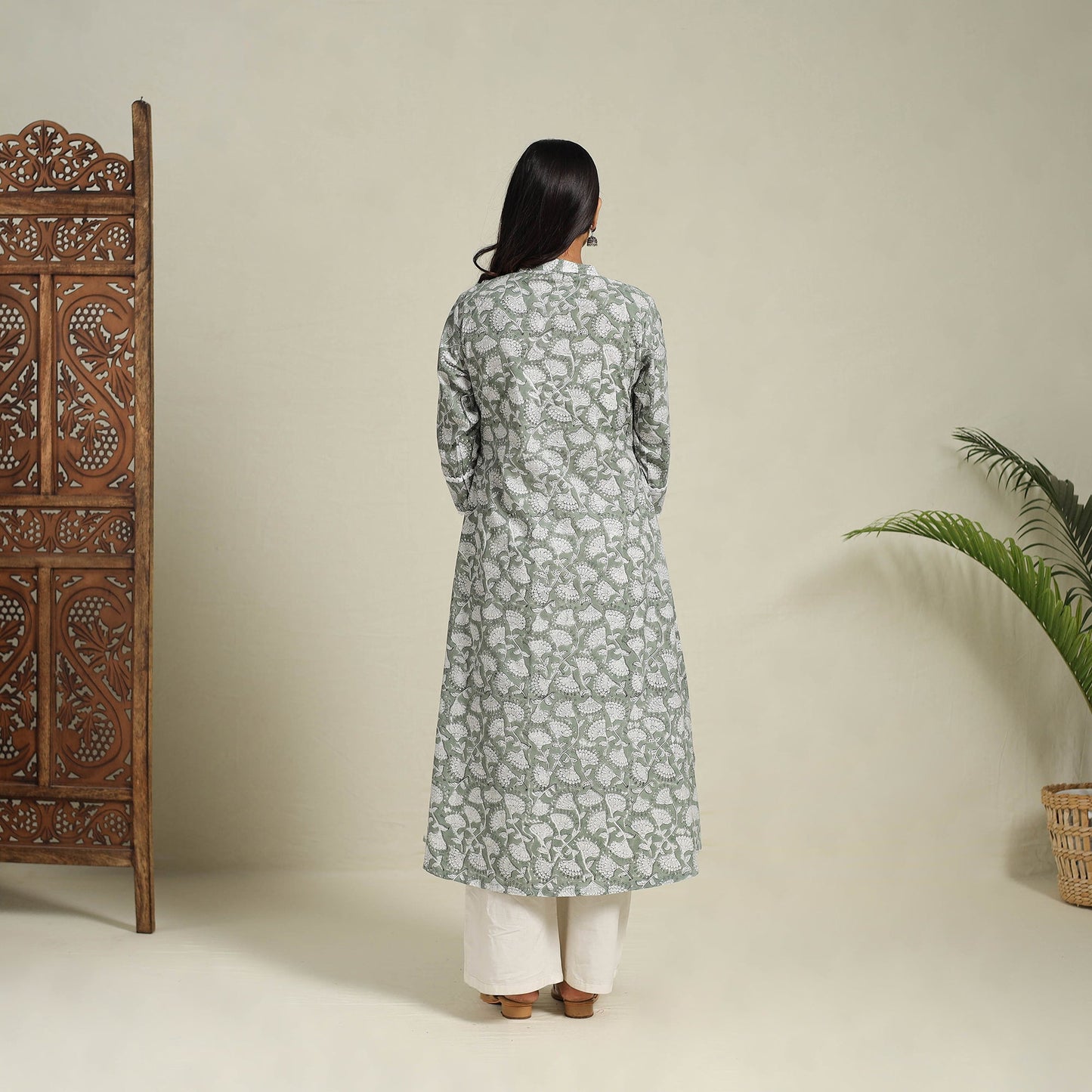 Mosaic Fusion Cotton A-Line Lace Work Green Sanganeri Kurta for Women