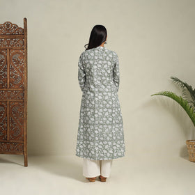 Mosaic Fusion Cotton A-Line Lace Work Green Sanganeri Kurta for Women