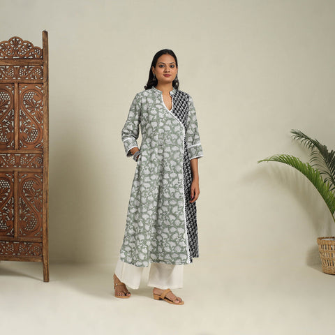 Mosaic Fusion Cotton A-Line Lace Work Green Sanganeri Kurta for Women