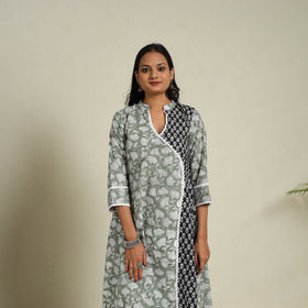 Mosaic Fusion Cotton A-Line Lace Work Green Sanganeri Kurta for Women
