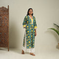 Mosaic Fusion Cotton Straight Lace Work GreenSanganeri Kurta for Women