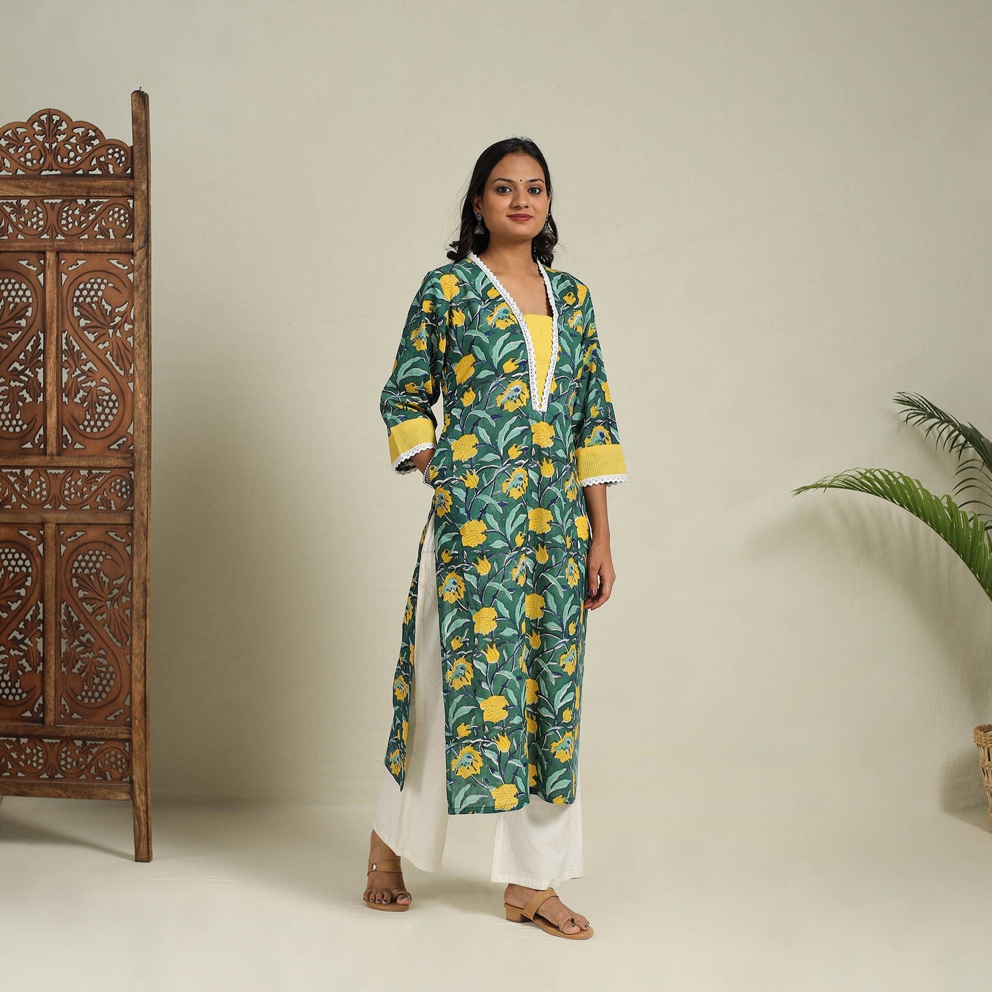Mosaic Fusion Cotton Straight Lace Work GreenSanganeri Kurta for Women