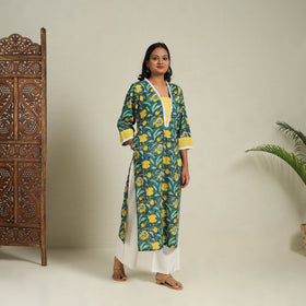 Mosaic Fusion Cotton Straight Lace Work GreenSanganeri Kurta for Women