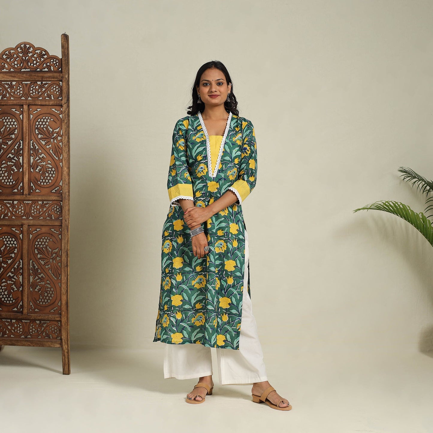 Mosaic Fusion Cotton Straight Lace Work GreenSanganeri Kurta for Women
