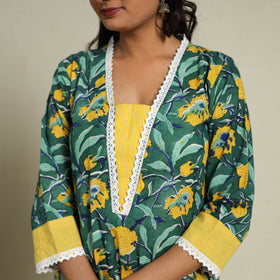 Mosaic Fusion Cotton Straight Lace Work GreenSanganeri Kurta for Women