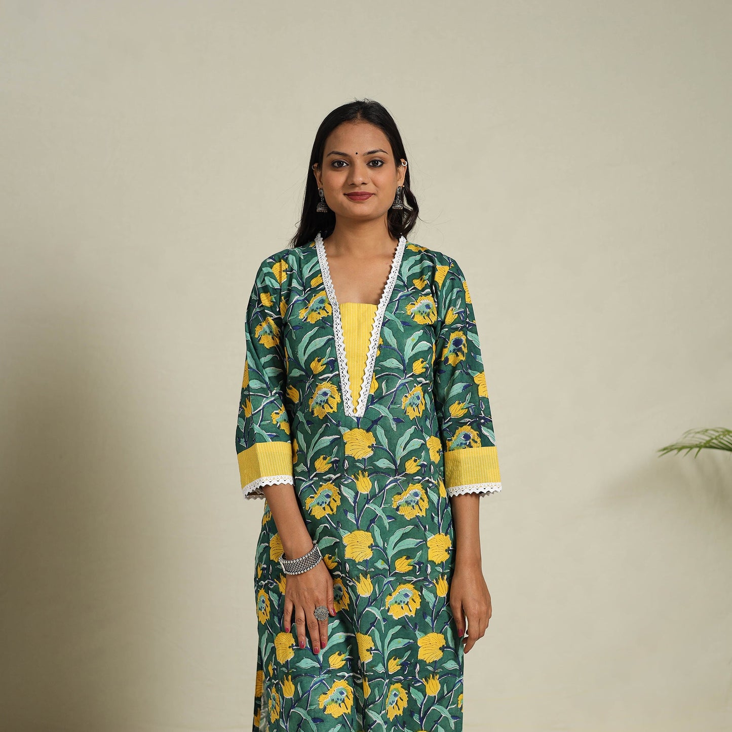 Mosaic Fusion Cotton Straight Lace Work GreenSanganeri Kurta for Women