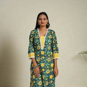 Mosaic Fusion Cotton Straight Lace Work GreenSanganeri Kurta for Women