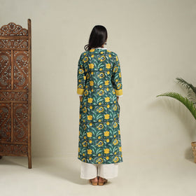 Mosaic Fusion Cotton Straight Lace Work GreenSanganeri Kurta for Women