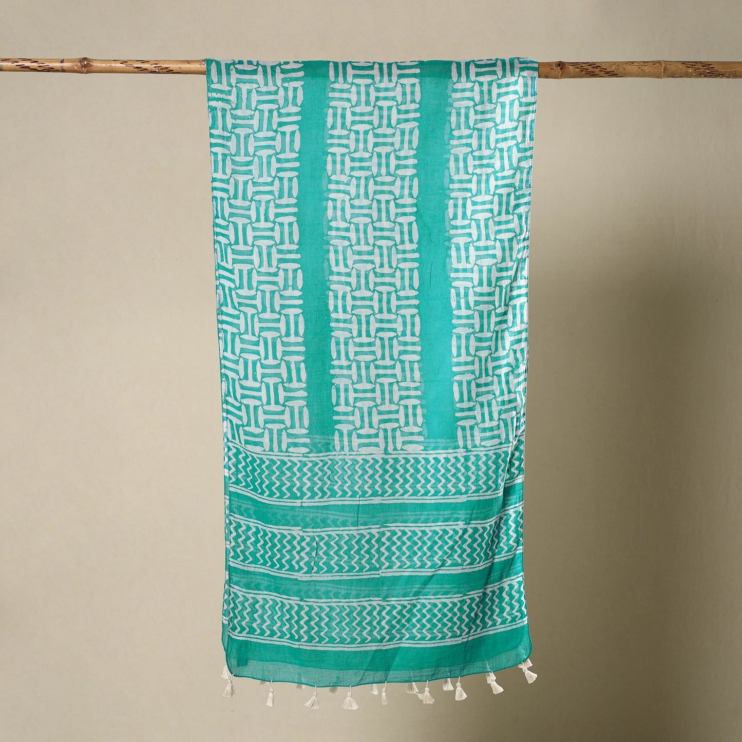 Buy Green Mul Cotton Hand Batik Print Stole with Tassels