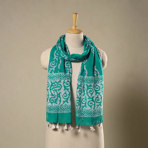 Buy Green Mul Cotton Hand Batik Print Stole with Tassels