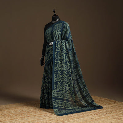 Green - mul cotton hand batik saree 13 - handcrafted