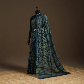 Green - mul cotton hand batik saree 13 - handcrafted