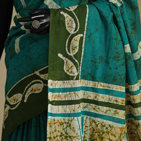 Green - mul cotton hand batik saree 13 - handcrafted