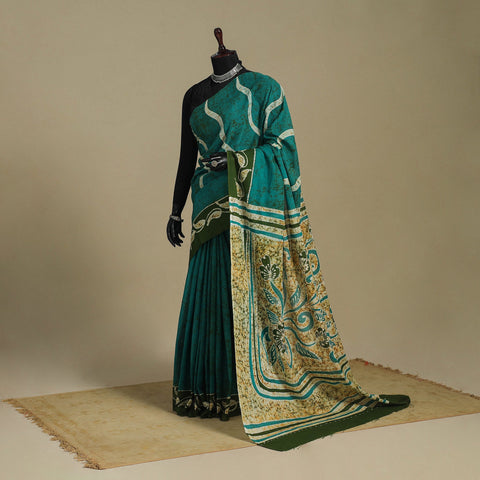 Green - mul cotton hand batik saree 13 - handcrafted