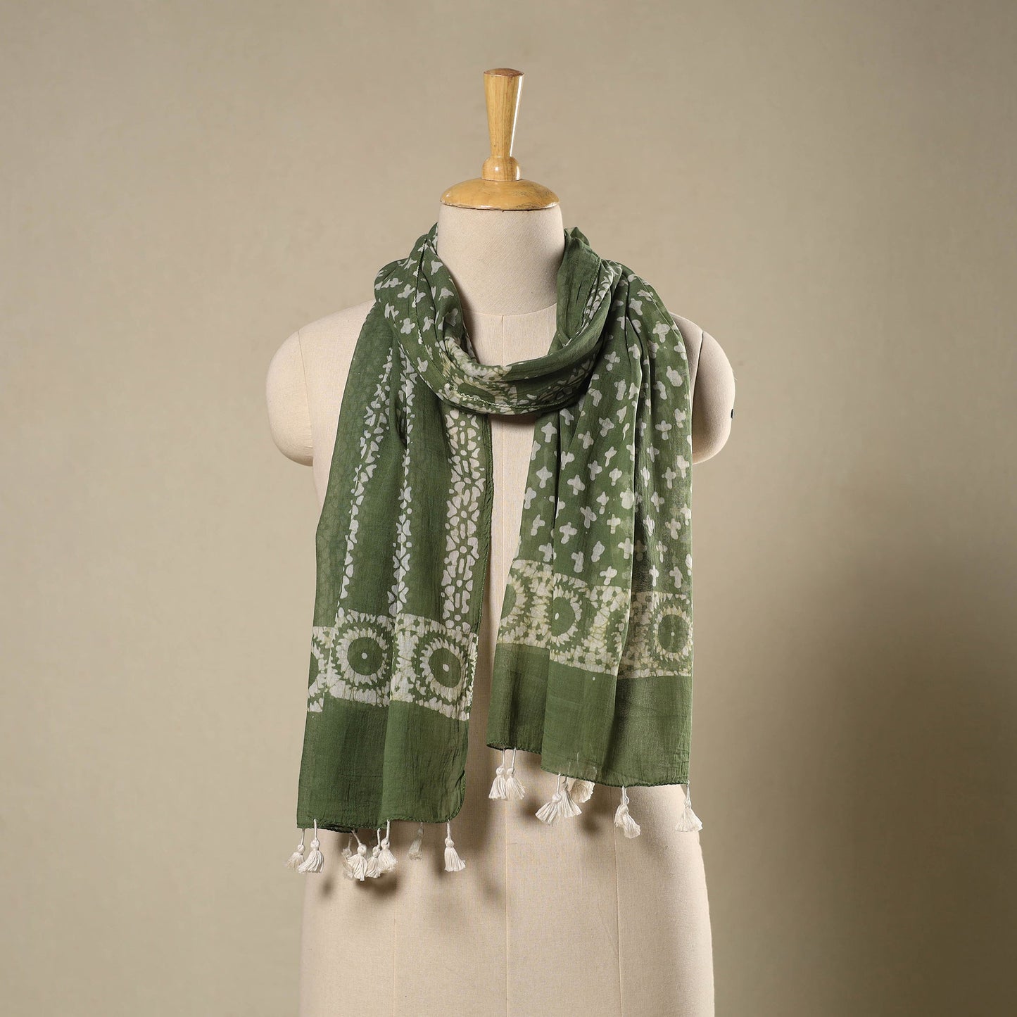 Green Mul Cotton Hand Batik Print Stole with Tassels