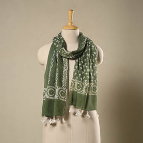  Green Mul Cotton Hand Batik Print Stole with Tassels