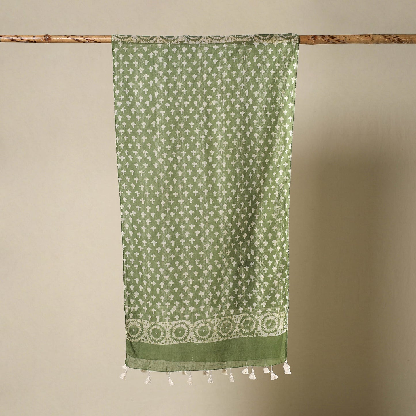  Green Mul Cotton Hand Batik Print Stole with Tassels