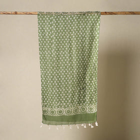  Green Mul Cotton Hand Batik Print Stole with Tassels