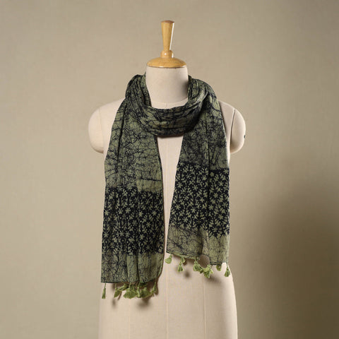  Green Mul Cotton Hand Batik Print Stole with Tassels
